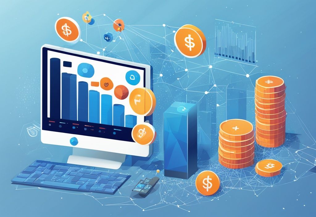 Moderne digitale Malerei mit blauem Farbschema, Blockchain-Technologie-Icons in einem digitalen Netzwerk, Finanzbalkendiagramm im Hintergrund symbolisiert ETF-Wachstum.