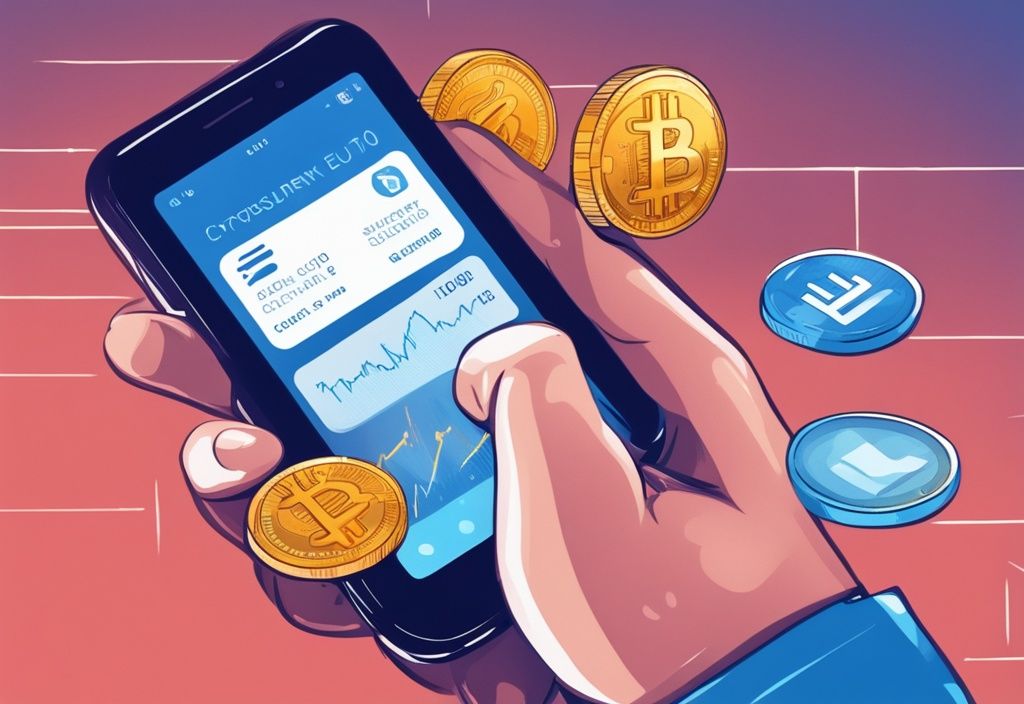 Moderne digitale Malerei mit blauem Farbschema, Hand hält Smartphone mit Krypto-Investitions-App, erfolgreiche Transaktion von 100 Euro in Kryptowährung
