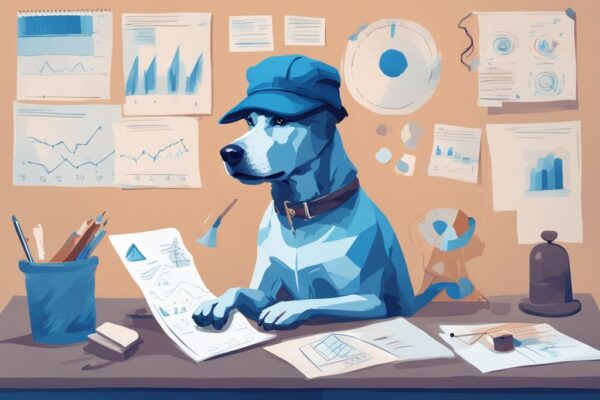 Hund mit Hut Prognose: Digitales Gemälde eines Hundes mit Hut, der Diagramme und Grafiken studiert, in Blau gehalten.