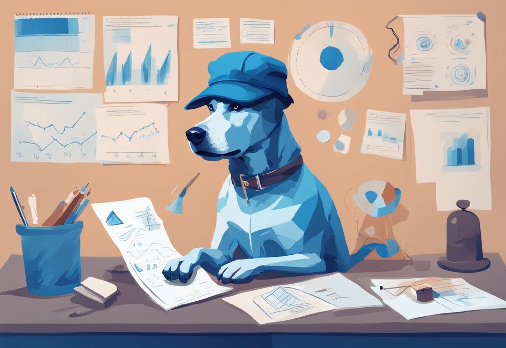 Hund mit Hut Prognose: Digitales Gemälde eines Hundes mit Hut, der Diagramme und Grafiken studiert, in Blau gehalten.