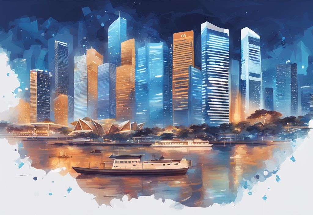 Moderne digitale Illustration von Singapurs Skyline in Blau mit eingebetteten Kryptowährungssymbolen und einer transparenten Steuererklärung.
