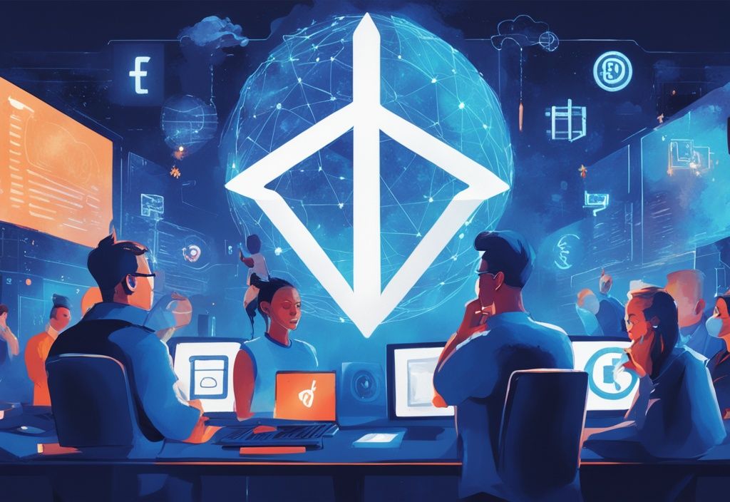 Moderne digitale Malerei mit blauem Farbschema, Technologie- und Finanzsymbole, Ether Fi-Logo, diverse Menschen, die versuchen, es durch einen großen, leuchtenden digitalen Bildschirm zu verstehen.