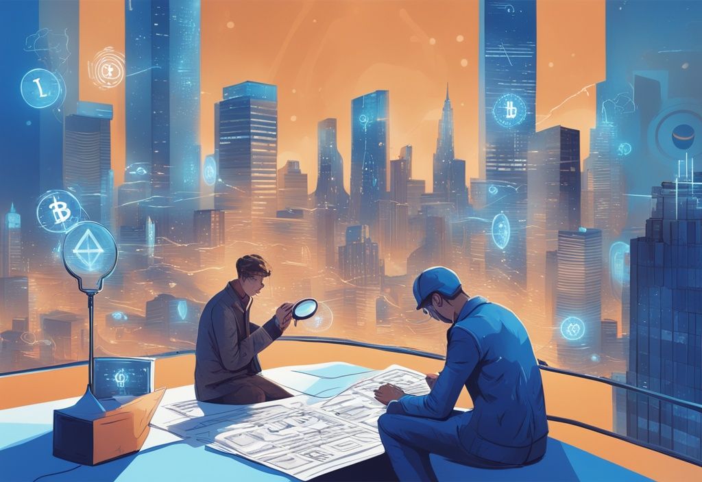 Moderne digitale Malerei mit futuristischer Stadt und Krypto-Symbolen, zwei Figuren, eine mit Lupe über Steuerformularen und eine mit Bitcoin, Steuerberatung Krypto
