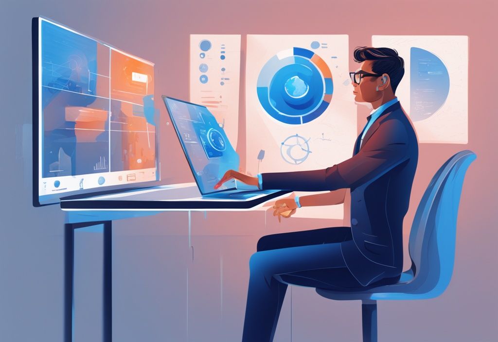 Junger Profi navigiert durch virtuelles Accointing-Dashboard auf modernem Gerät, fokussiert und engagiert – Accointing Erfahrungen