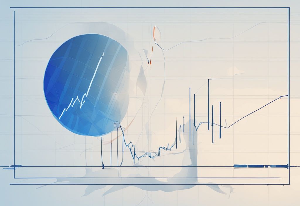 Moderne digitale Malerei mit blauem Farbschema, dynamischer Graph zeigt Anstieg und Fall der Bonk Coin mit deutlichen Trendlinien und Zukunftsprognosen.