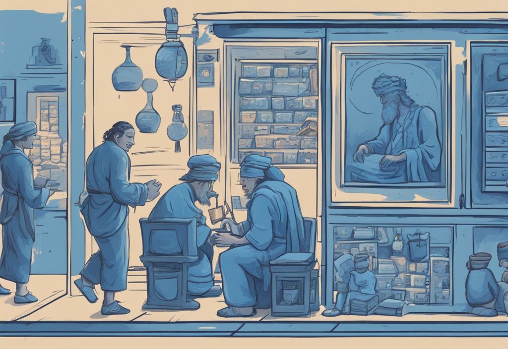 Zeitleiste der Handelsentwicklung von antiken Tauschsystemen bis zum modernen Online-Handel, digitale Illustration in Blau.