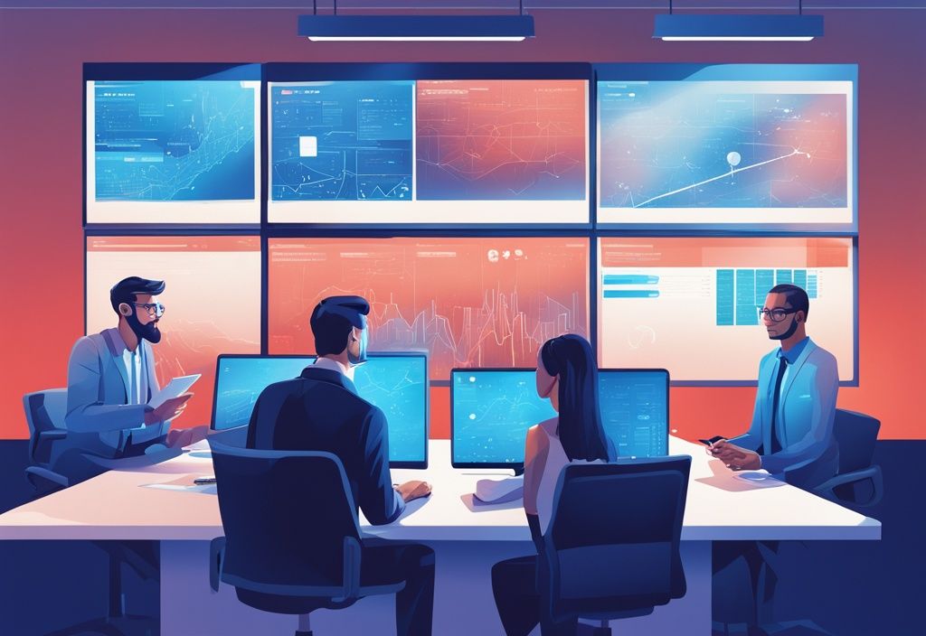 Moderne digitale Illustration in Blau mit einer vielfältigen Gruppe von Fachleuten in einer High-Tech-Büroumgebung, die grafische Daten zu Blockchain Access UK Ltd auf mehreren Bildschirmen betrachten und diskutieren.