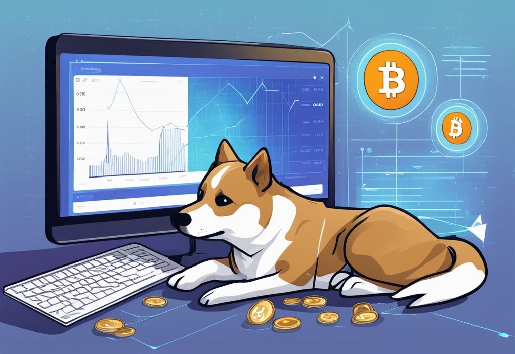 Moderne digitale Illustration eines Diagramms auf einem Computerbildschirm, das den Aufwärtstrend der Playdoge-Kryptowährung zeigt, umgeben von einem modernen Prognosebüro, Hauptfarbthema Blau.
