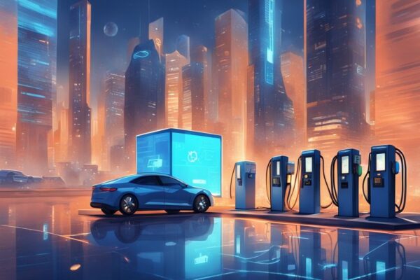 Moderne digitale Illustration einer futuristischen Stadt mit einem schwebenden transparenten Blockchain im Hintergrund, im Vordergrund eine Zapfsäule und glänzende Krypto-Münzen, die das Konzept von Gas Krypto darstellen.