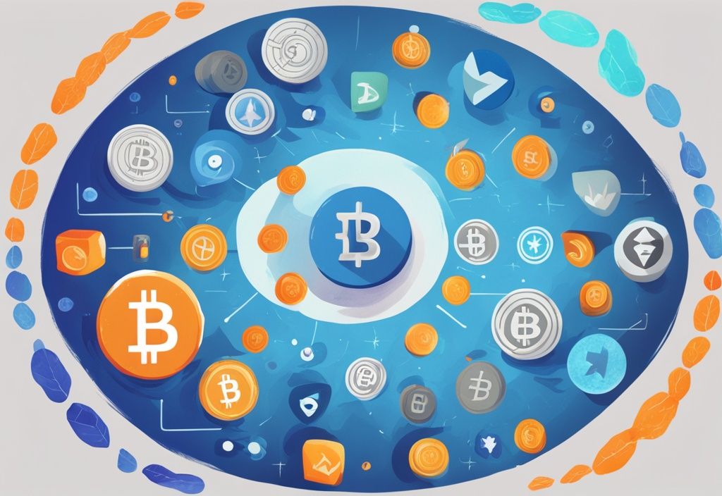 Moderne digitale Malerei mit blauem Farbschema, abstrakte Darstellungen verschiedener Kryptowährungsbörsen in halbkreisförmiger Anordnung um das Bitvavo-Logo, symbolisiert Bitvavo Alternativen.