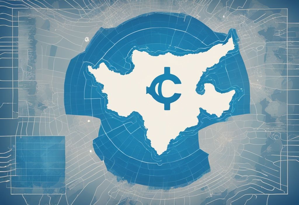 Moderne digitale Illustration in Blau mit einer hybriden Darstellung der Karte von Zypern, einem Kryptowährungssymbol und einem Hinweis auf Besteuerung.
