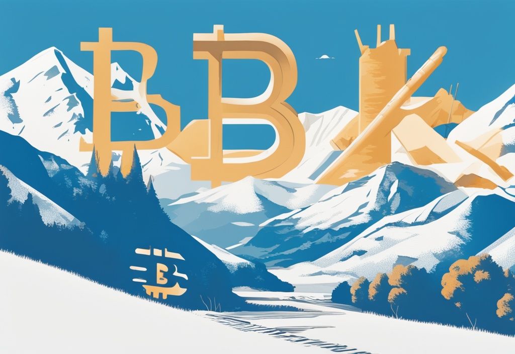Moderne digitale Malerei einer Schweizer Landschaft mit einem großen Bitcoin-Symbol und Schweizer Steuersymbolen, Thema: Schweiz Krypto Steuern.