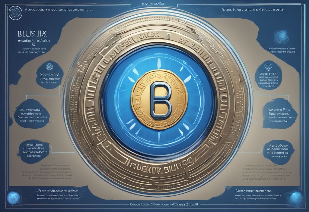 Moderne digitale Malerei mit blauem Farbschema, glänzende BVM Coin im Zentrum, einfache Infografik über Funktionen und Vorteile im Hintergrund, was ist BVM Coin