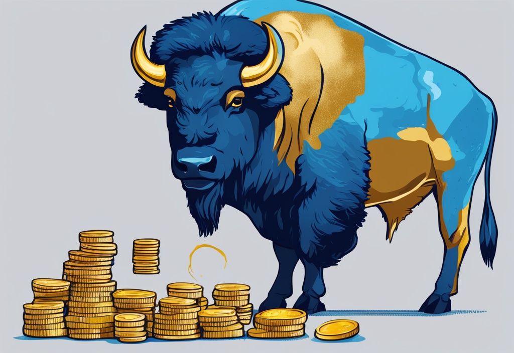 Moderner digitaler Gemäldeillustration eines Bisons, der Goldmünzen in ein Glasgefäß legt, symbolisiert einen Sparplan, Hauptfarbthema Blau