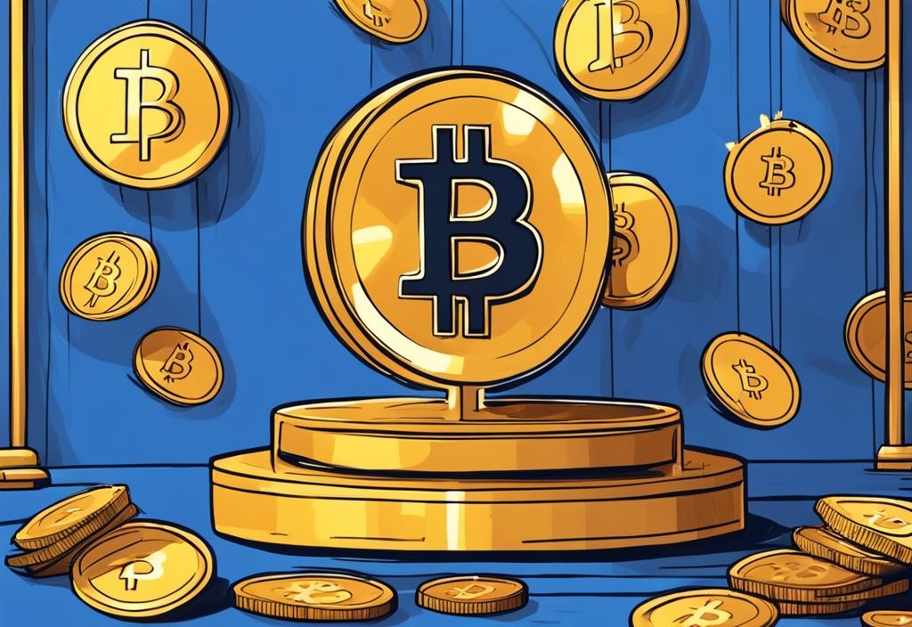 Moderne digitale Malerei mit blauem Farbschema, goldener Bitcoin auf einer Waage, die gegen einen Stapel Bargeld balanciert, symbolisiert Bitcoin Transaktionsgebühren.