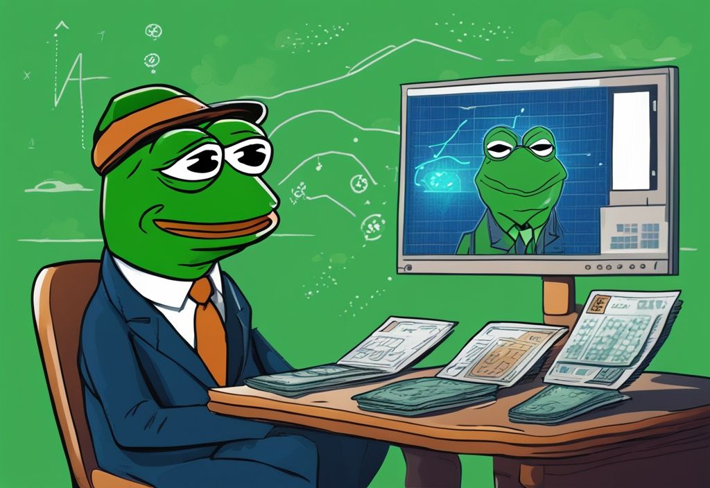 Pepe der Frosch als Wetterfrosch vor einer grünen Leinwand mit schwankenden Münzwerten für Pepe Coin, moderne digitale Malerei in Blau.