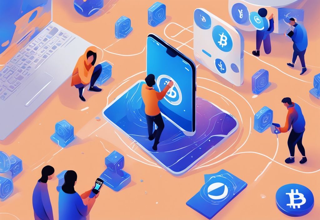 Moderne digitale Illustration einer Person, die Krypto über die Bitvavo-Plattform auf ihrem mobilen Gerät sendet, Hauptfarbe Blau, Bitvavo Krypto senden.