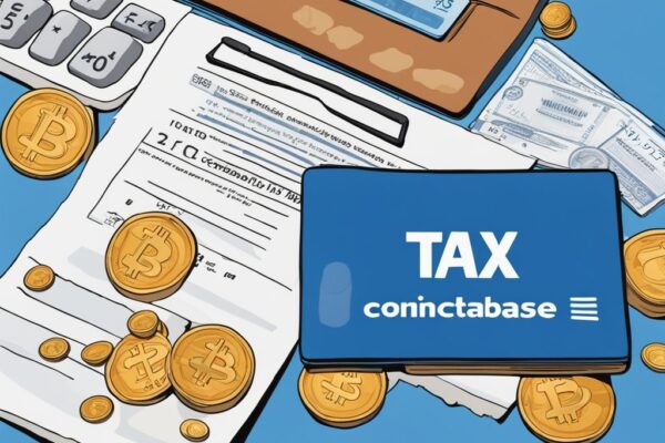 Moderne digitale Illustration eines ausgefüllten Steuerbescheids mit Coinbase Steuerbescheinigung, einem Taschenrechner, einer Brille und verstreuten Kryptowährungsmünzen.