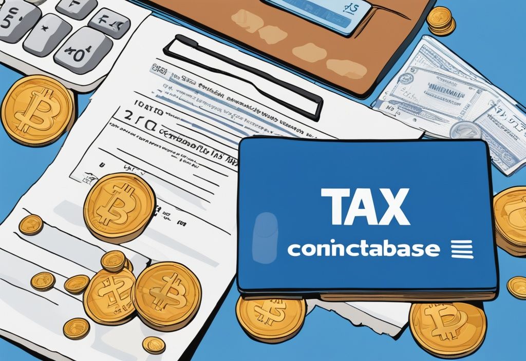 Moderne digitale Illustration eines ausgefüllten Steuerbescheids mit Coinbase Steuerbescheinigung, einem Taschenrechner, einer Brille und verstreuten Kryptowährungsmünzen.