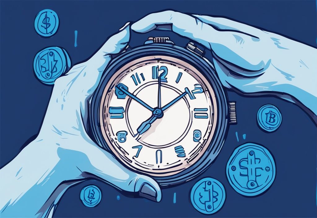 Moderne digitale Malerei mit blauer Farbgebung, Hand hält fest eine Uhr mit Kryptowährungslogos anstelle von Zahlen, symbolisiert Haltezeit für Kryptowährungen.