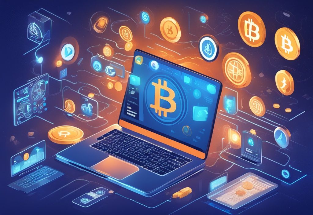 Modernes digitales Gemälde mit einem Laptop, der eine sichere und hoch bewertete Kryptowährungs-Kontoanwendung zeigt, umgeben von leuchtenden Symbolen beliebter digitaler Währungen wie Bitcoin, Ethereum und Ripple – bestes Konto für Kryptowährung.