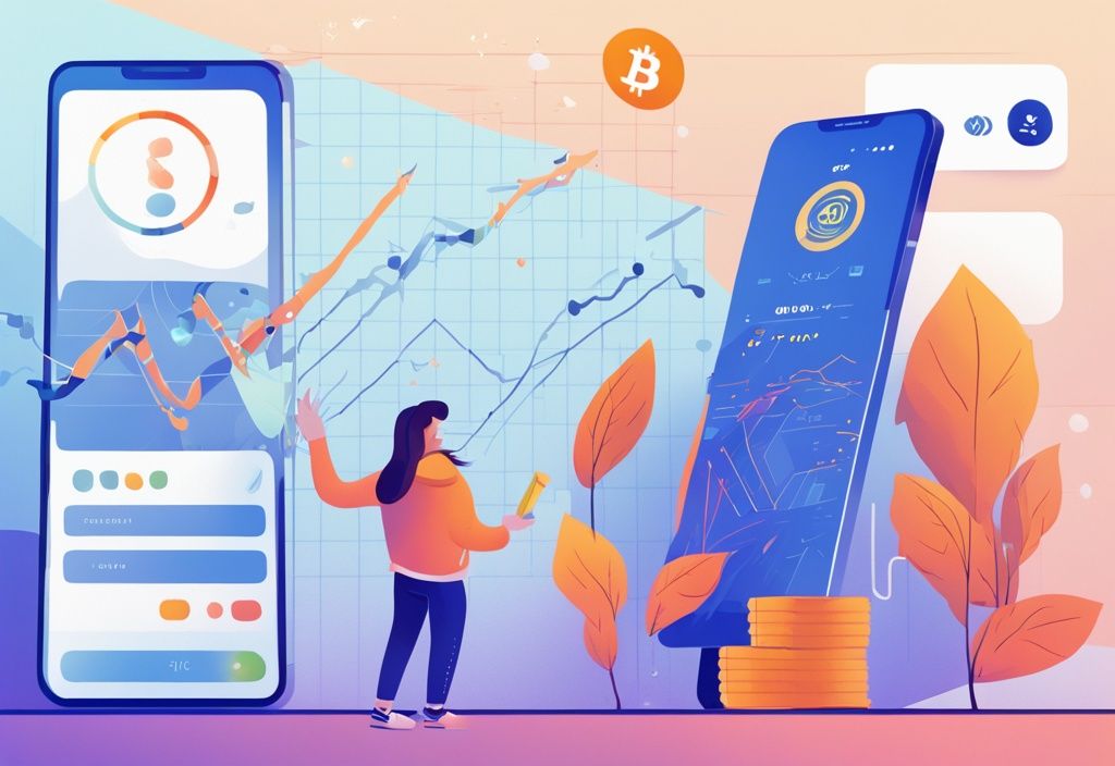 Zufriedene Benutzer navigieren die Paxful Plattform und tätigen Bitcoin-Transaktionen vor einem Hintergrund mit positivem Wachstumschart - Paxful Erfahrungen.