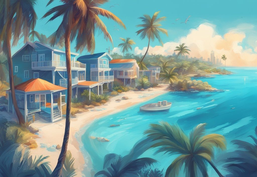 Moderne digitale Malerei der Küste der Bahamas mit Palmen und Villen im Hintergrund, im Vordergrund hohe Stapel verschiedener Kryptowährungen mit dem Aufdruck 'Steuer'.