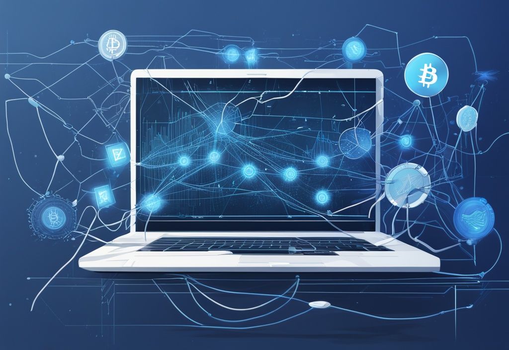 Moderne digitale Malerei mit blauen Farbtönen, die ein komplexes Netzwerk von Kabeln zeigt, das zu einem Laptop-Bildschirm mit einem Diagramm verschiedener trendender Kryptowährungen führt, symbolisiert den Prozess, Kryptowährungen automatisch zu handeln.