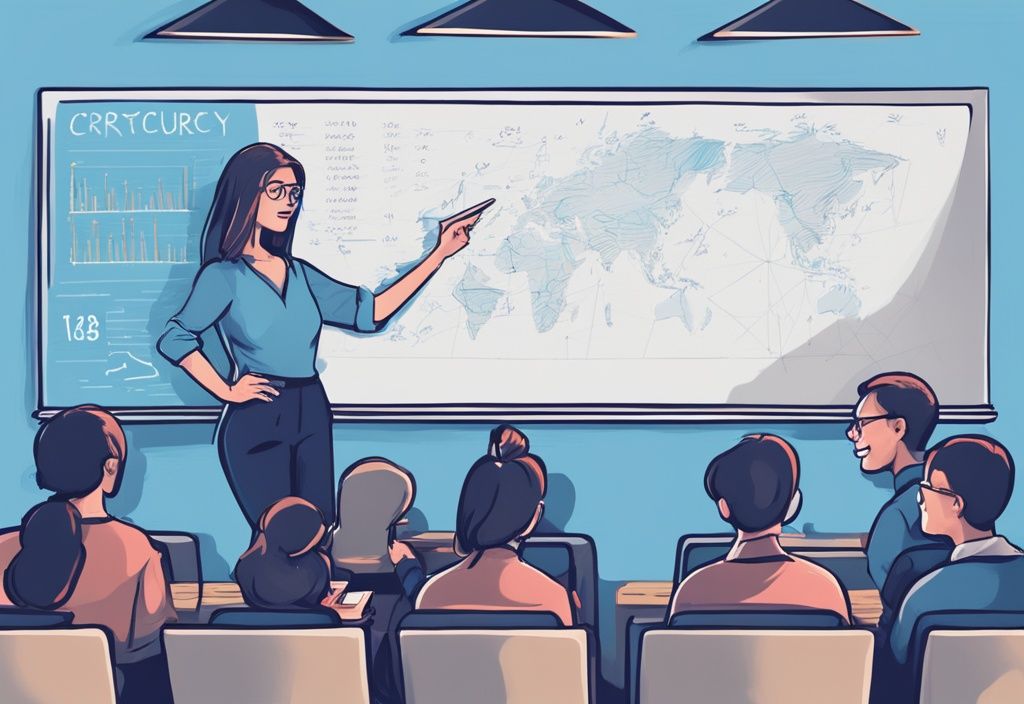 Moderne digitale Malerei einer jungen Lehrerin, die begeistert auf eine Tafel mit einfachen Skizzen und Infografiken zu grundlegenden Kryptowährungskonzepten zeigt, während neugierige Anfänger aufmerksam zuschauen.