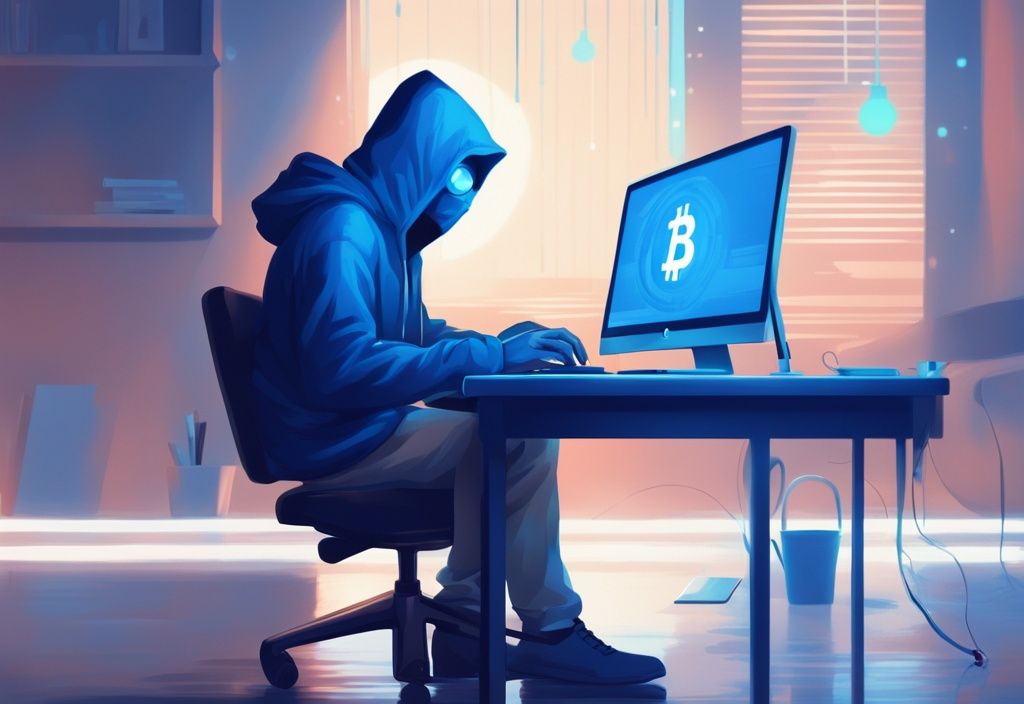Moderne digitale Malerei mit blauem Farbschema, geheimnisvolle Figur arbeitet am Computer mit leuchtendem Bitcoin-Symbol auf dem Bildschirm, Satoshi Nakamoto