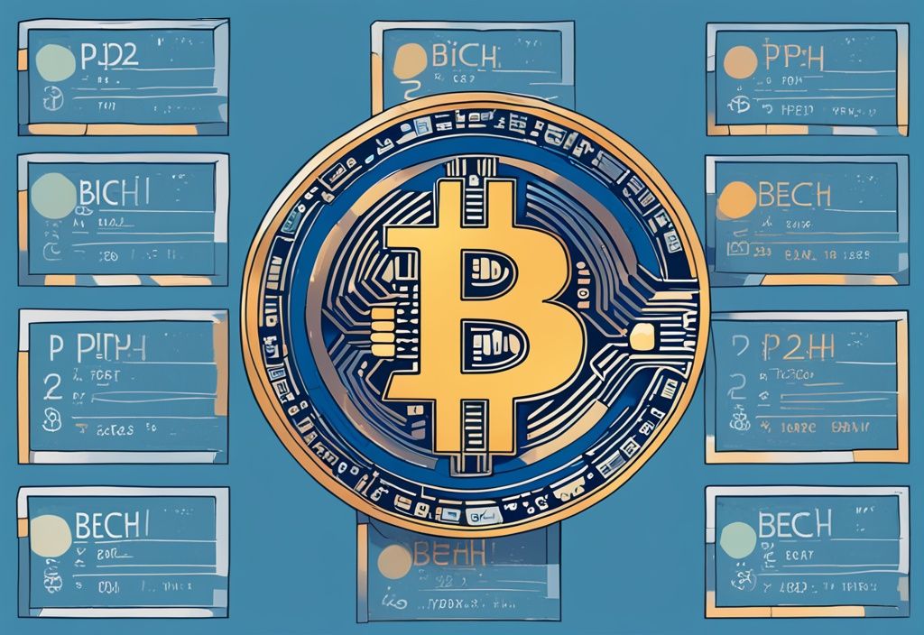 Moderne digitale Malerei mit drei Bitcoin-Adressen: P2PKH, P2SH und Bech32, thematisch in Blau gehalten.