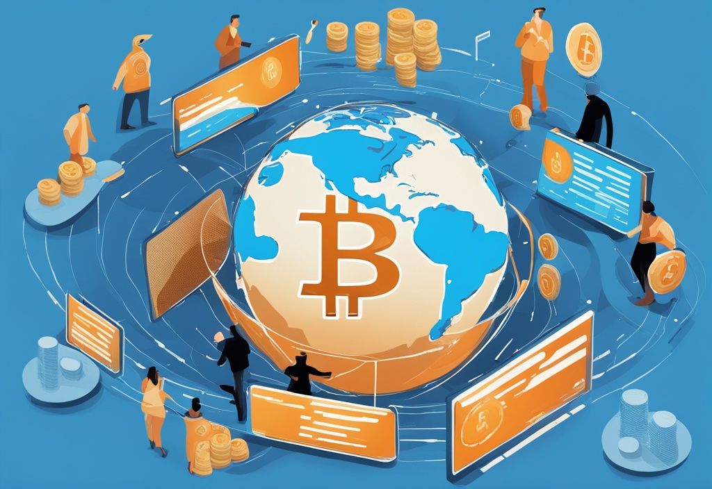 Moderne digitale Malerei-Illustration mit blauem Farbschema, die ein lebendiges Infografik der BRC 20 Bitcoin-Transaktionen über einen virtuellen digitalen Globus darstellt.