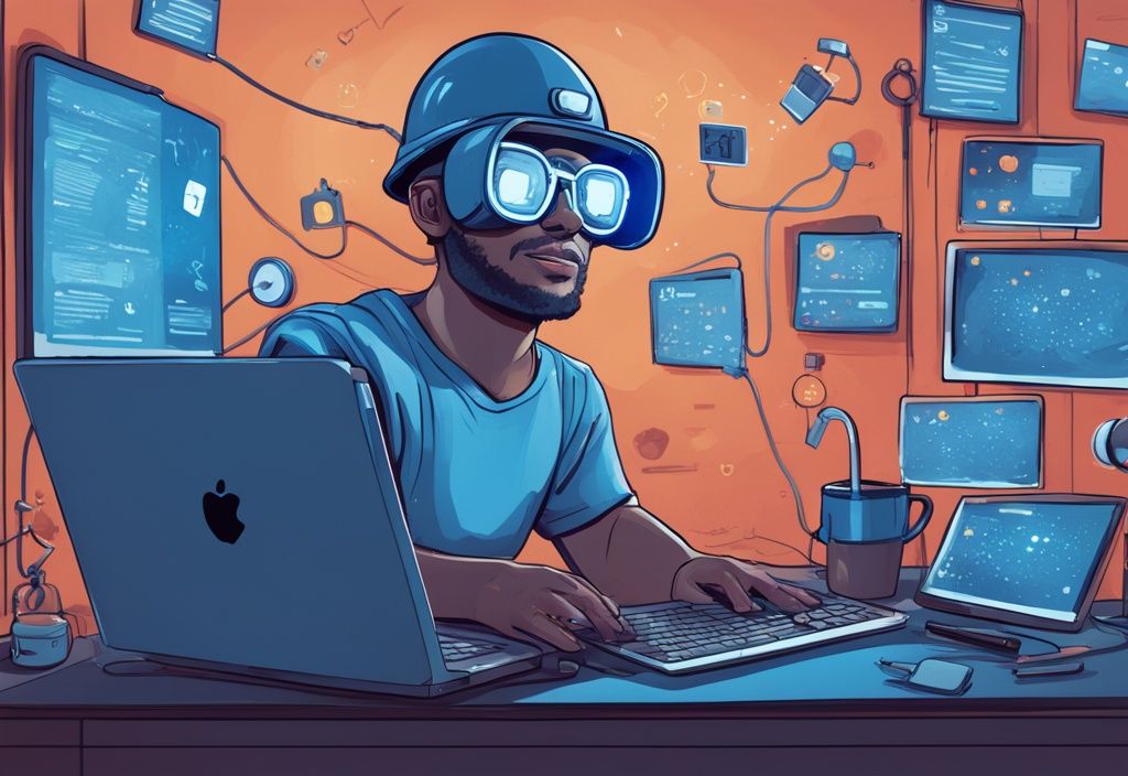 Moderner digitaler Gemäldeillustration eines Nerds mit Brille und Helm mit Stirnlampe, der die Nerd Miner V2 Software auf seinem Computer benutzt, während zahlreiche Kommentare, Likes und Emojis um den Bildschirm schweben, um Online-Bewertungen darzustellen; Nerd Miner V2 Erfahrungen.
