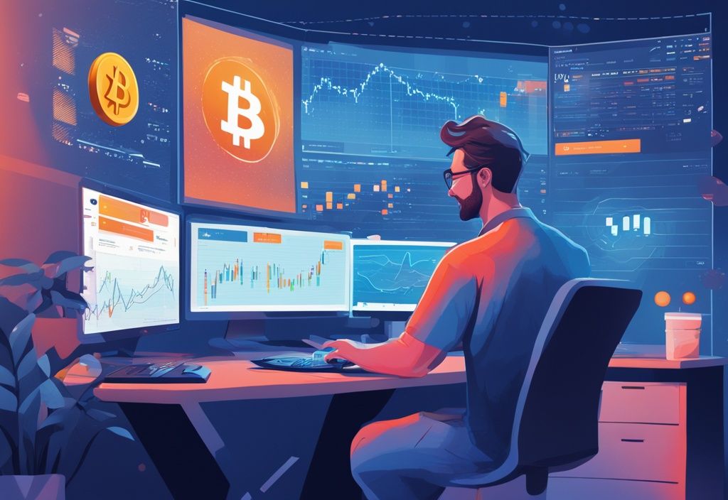 Zufriedener Benutzer vor Computerbildschirm mit geöffneter Paxful-Plattform, Kryptowährungen, Diagrammen und Handelszahlen, modernes digitales Gemälde, Hauptfarbe Blau.