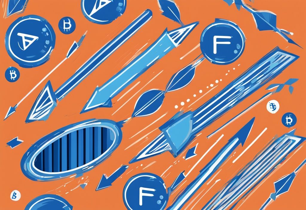 Moderne digitale Illustration in Blau, Bitcoins mit Transaktionspfeilen und Preisschild für Transaktionsgebühren