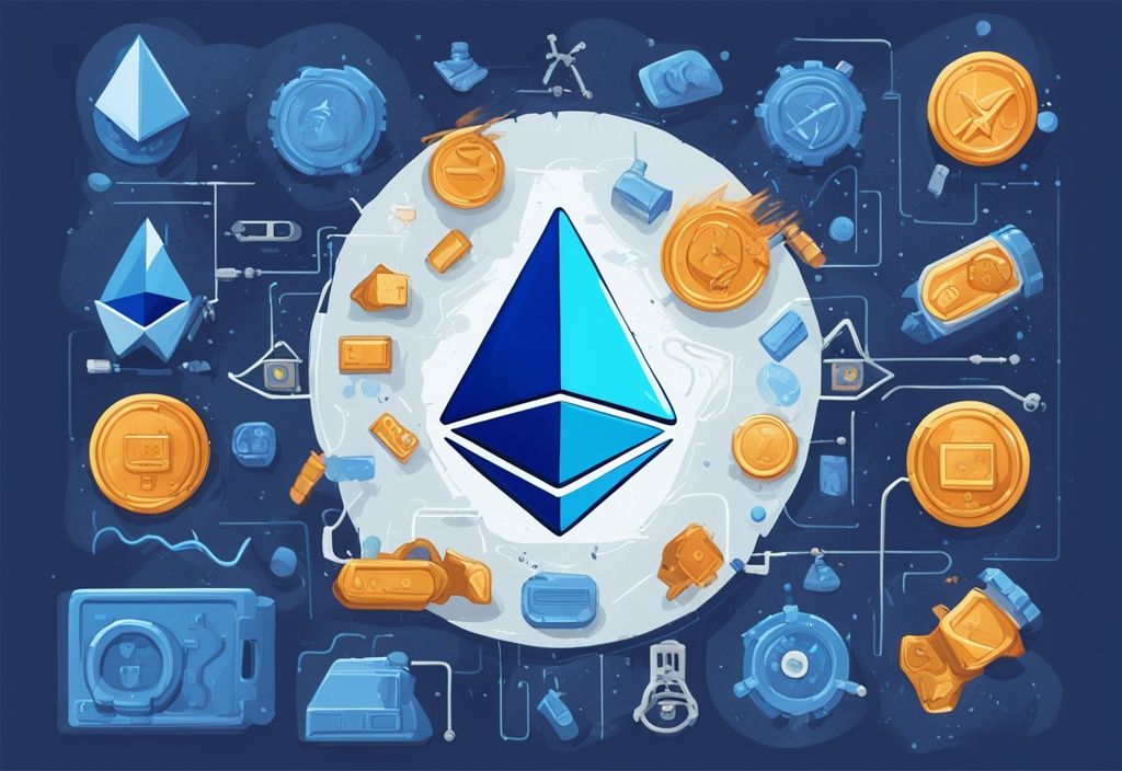 Moderne digitale Illustration eines Ethereum-Coins, umgeben von Symbolen für EIP-1559-Komponenten wie Gasgebühr, Miner-Tip, Verbrennungsmechanismus und Blockgrößenanpassung, in Blau gehalten.