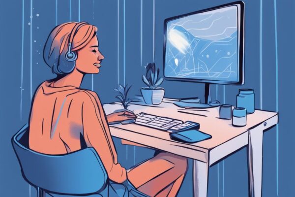 Echte Nutzerberichte: In-Depth Trezor Safe 3 Erfahrungen & Funktionen Moderne digitale Illustration eines zufriedenen Nutzers vor dem Computer, der positive Trezor Safe 3 Erfahrungen zeigt.