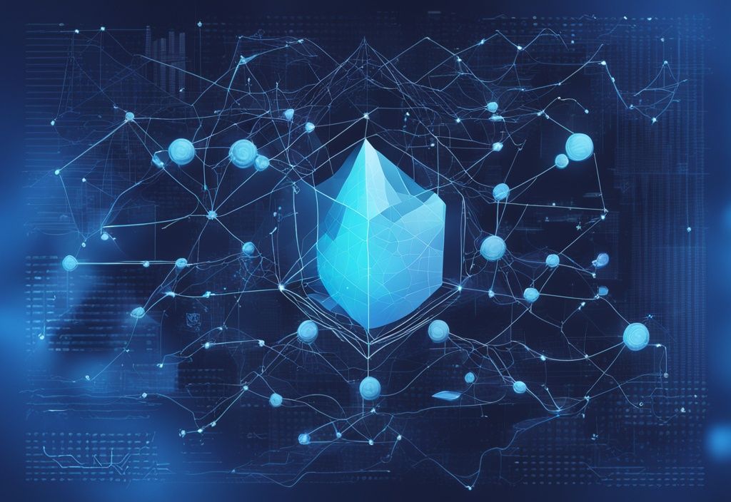 Moderne digitale Illustration mit blauem Farbschema, die einen Computerbildschirm mit einem komplexen Blockchain-Netzwerk, Finanzgrafiken und Codezeilen zeigt, was ist Ether Fi.