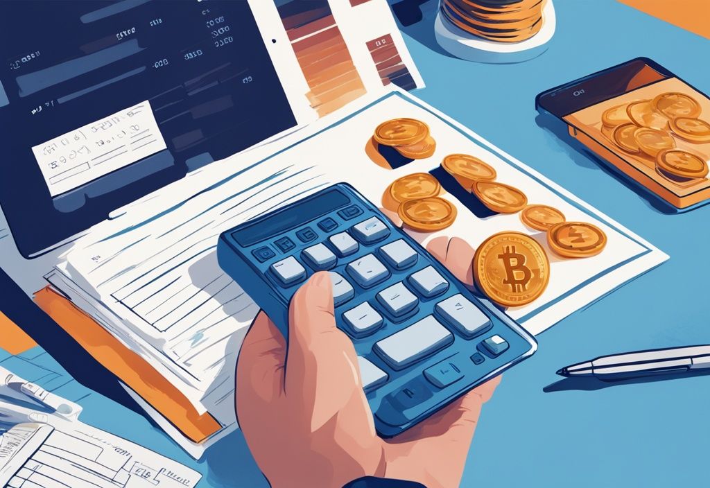 Moderne digitale Malerei mit blauer Farbgebung, Hand hält Bitcoin, Steuerformular und Taschenrechner im Hintergrund