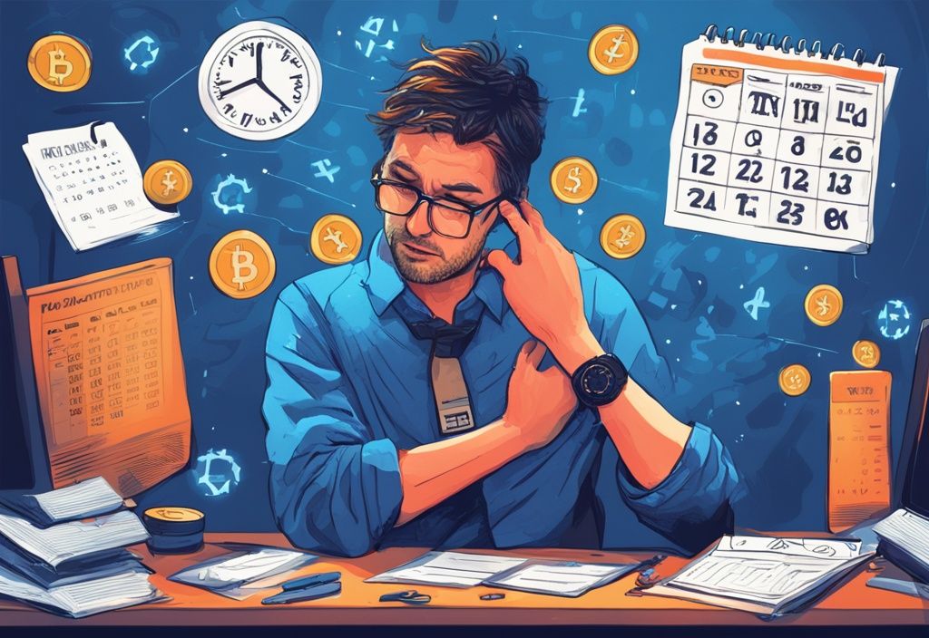 Gestresste Person umgeben von Kryptowährungssymbolen, Kalender mit Steuerfristen und ausgefülltem Steuerformular, digital gemalt, blaue Farbthemen.