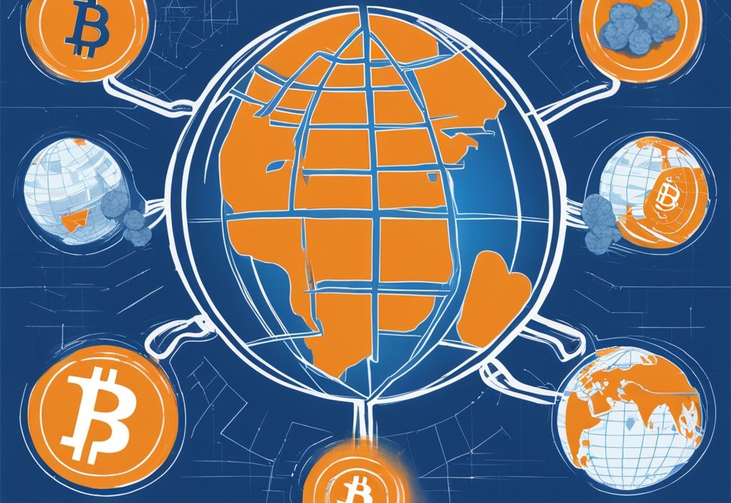 Moderne digitale Illustration, blaues Farbschema, Infografik zu BRC 20 Bitcoin Transaktionen auf einer virtuellen digitalen Weltkarte