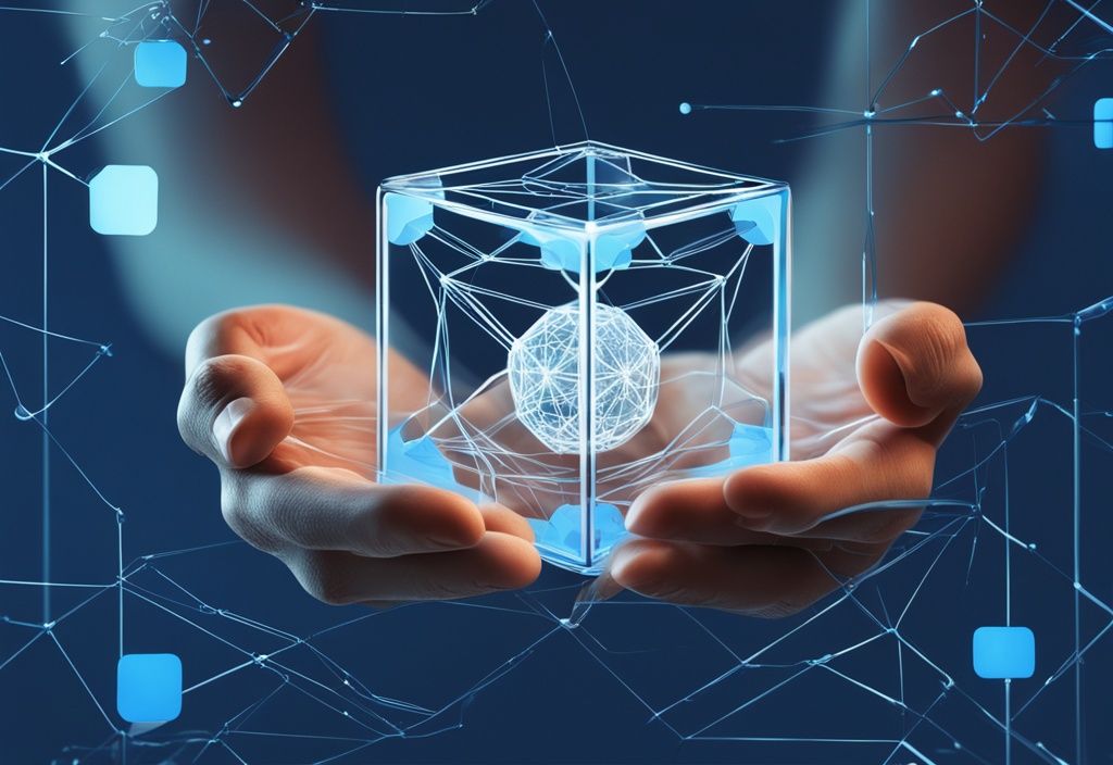 Moderne digitale Malerei, Nahaufnahme von Händen, die einen klaren Glaskubus mit vernetzten Symbolen und Linien halten, Darstellung eines einfachen Blockchain-Netzwerks, Hauptfarbthema Blau