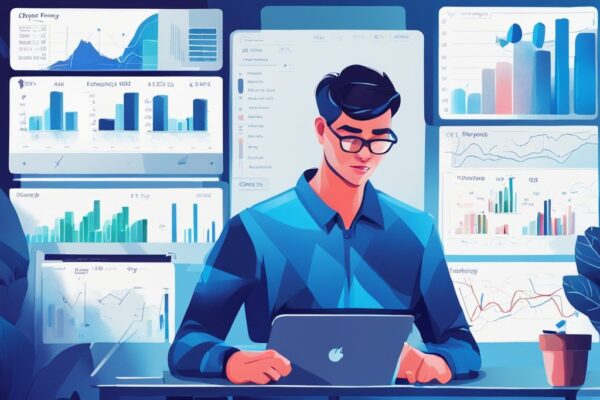 Moderne digitale Malerei, Person am Computer, analysiert erfolgreiche Handelsdiagramme und -charts, Cryptohopper Erfahrungen