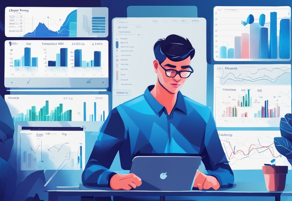 Moderne digitale Malerei, Person am Computer, analysiert erfolgreiche Handelsdiagramme und -charts, Cryptohopper Erfahrungen