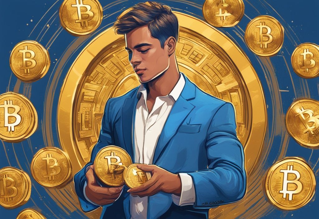 Junge erfolgreiche Person mit goldenem Bitcoin, umgeben von Luxus, zeigt Wohlstand durch Krypto-Investitionen, modernes digitales Gemälde in Blau.