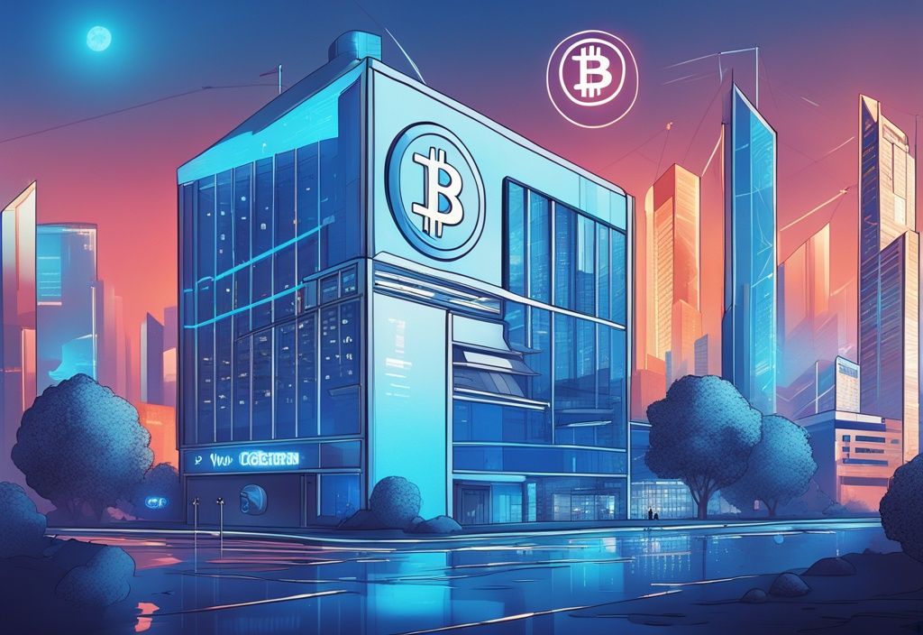 Moderne digitale Illustration eines modernen Gebäudes mit dem Logo einer fiktiven deutschen Kryptobank, umgeben von futuristischen digitalen Symbolen für Kryptowährungen wie Bitcoin und Ethereum, Hauptfarbthema Blau.