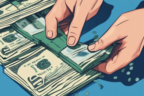 Moderne digitale Illustration in Blau: Hände ziehen einen Stapel Geldscheine aus einer filigran gestalteten dünnen Papiergeldbörse heraus. Paper Wallet auszahlen.