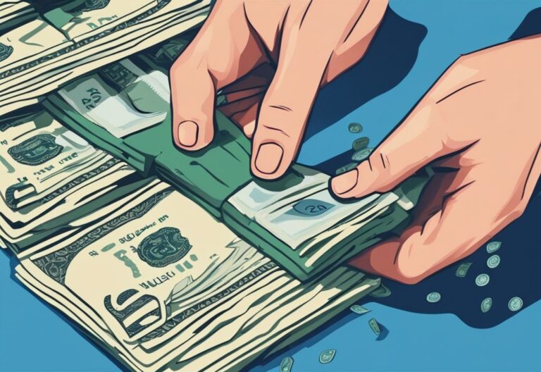 Moderne digitale Illustration in Blau: Hände ziehen einen Stapel Geldscheine aus einer filigran gestalteten dünnen Papiergeldbörse heraus. Paper Wallet auszahlen.