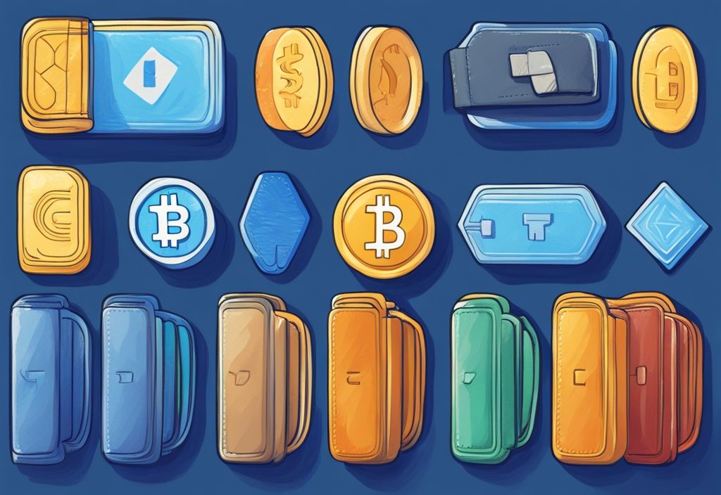 Moderne digitale Malerei mit blauer Farbgebung, Reihe von verschiedenen Kryptowährungs-Wallets nebeneinander, jedes mit hervorgehobenen Unterscheidungsmerkmalen zum Vergleich.