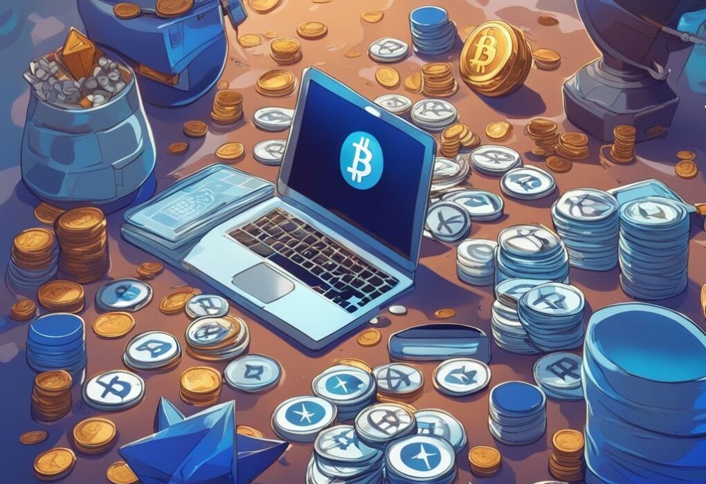 Moderne digitale Malerei mit blauem Farbschema, Ethereum und Bitcoin Münzen, Geldstapel, verschiedene Menschen zeigen stolz ihren wohlhabenden digitalen Lebensstil, wie viele Krypto Millionäre gibt es